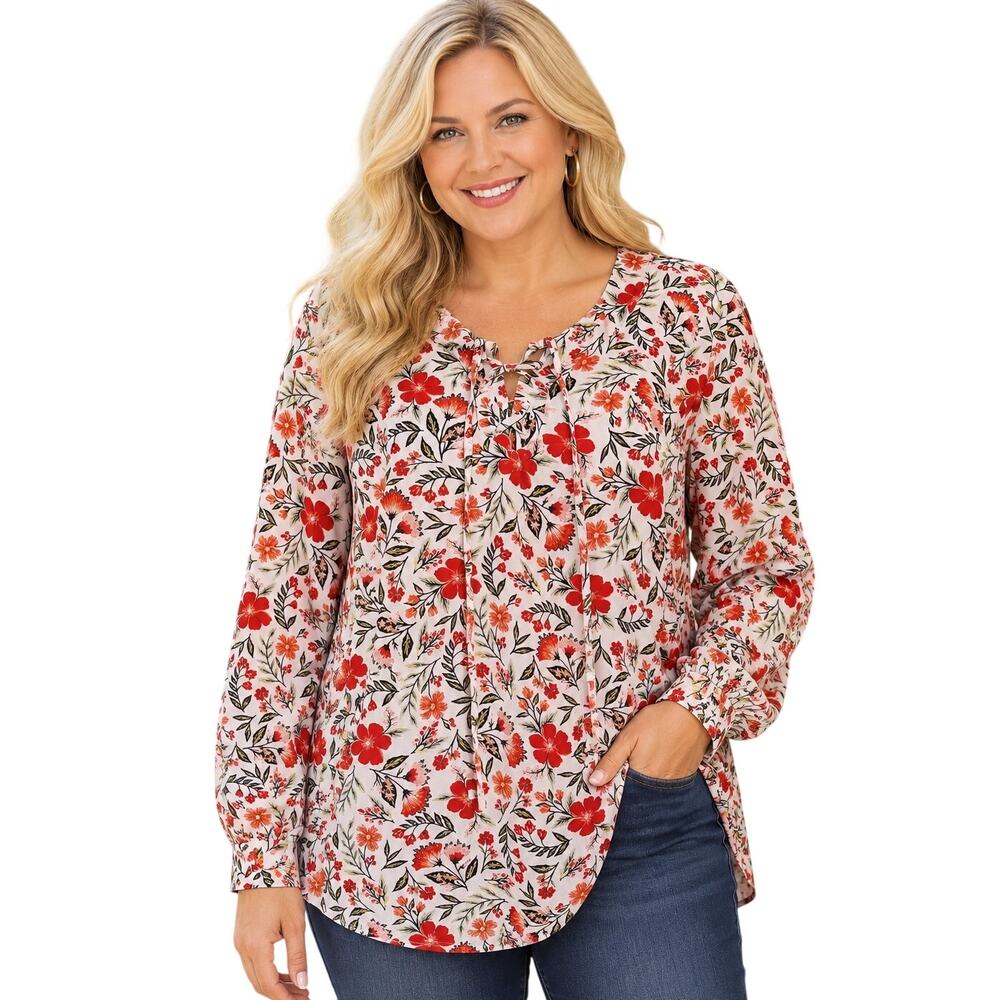 Style & Co Floral Laceup Top Womens Large White & Red Botanical Cotton Blouse